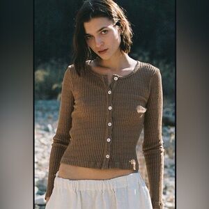 LA Relaxed Pointelle Cardigan in Chestnut